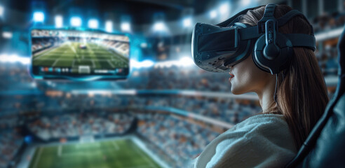 Poster - One people sitting in armchairs, wearing VR headsets and interacting with the holographic game field that is an outdoor football stadium, A football match is going on in the holographic screen.