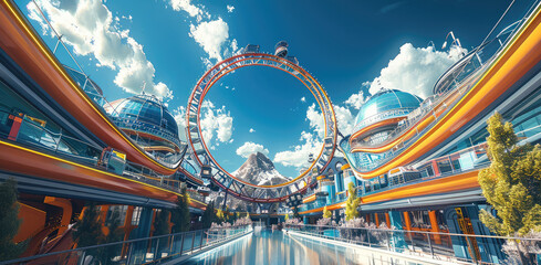 Low-angle shot of an amusement park, featuring a mix of creative and surreal structures. It features a large Dome structure. Generative AI.