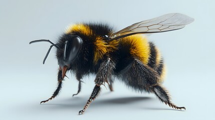 Wall Mural - 4. A close-up 3D render of a fuzzy bumblebee, showing its texture and fine details, isolated on a pristine white background