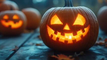 Wall Mural - A glowing jack-o-lantern with a carved face sits on a wooden table, surrounded by fallen leaves.