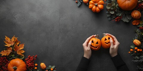 A pair of hands holding two small carved pumpkins on a dark background surrounded by autumn leaves and Halloween decorations.