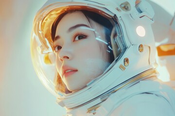 Wall Mural - aesthetic photo beautiful asian woman astronaut wearing a white spacesuit on the space station 