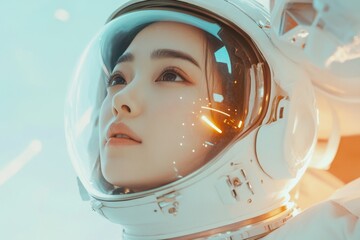 Wall Mural - aesthetic portrait beautiful asian woman astronaut wearing a white spacesuit on the space station 