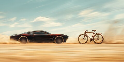 A fast sports car speeds past a rusty bicycle in a desert landscape with a blurred background.