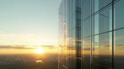 Wall Mural - Glass Facade of a Skyscraper Reflecting a Sunset over a Cityscape