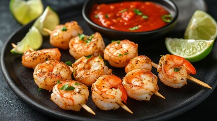 Wall Mural - Grilled shrimp skewers with lime wedges and tomato salsa.