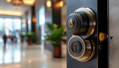 Detailed view of a commercial door lock at a business entrance showcasing modern security features