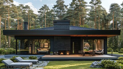 Poster - Exterior of a one-story modern elite country cottage, texture of wooden boards, flat black roof, floor-to-ceiling windows, brick chimney, large terrace, pine forest around the house. Generative AI.