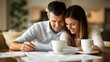 © Paul - A couple discussing closing costs over coffee at home, surrounded by mortgage documents and financial spreadsheets, warm and inviting atmosphere