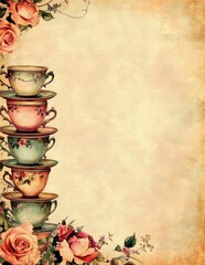 Wall Mural - Vintage tea cup background with roses and aged textured beige paper
