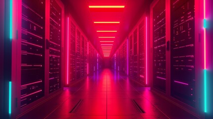 Wall Mural - Neon-lit hallway in a futuristic server room