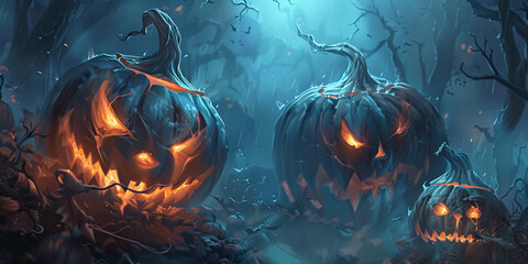 Wall Mural - Spooky Halloween night scene with carved pumpkins