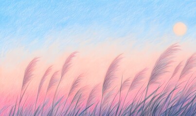 Wall Mural - Pink sunset a moon in the distance, so many pink reeds swaying in the wind, Generative AI 