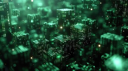 Poster - 3D render of dark green glowing blocks with data flowing between them. The background is black, and the cubes have various sizes, shapes, textures, and materials. Generative AI.