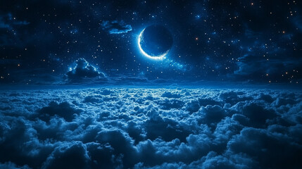 Wall Mural - serene night sky with a bright full moon glowing above thick clouds, casting a peaceful light over t