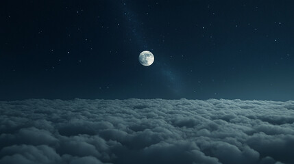 Wall Mural - serene night sky with a bright full moon glowing above thick clouds, casting a peaceful light over t