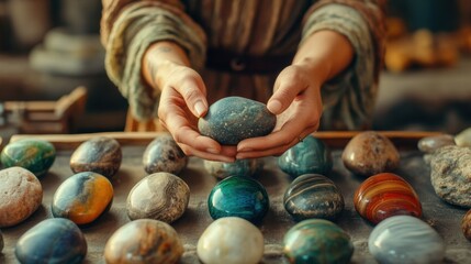 A person holding a rock in their hands on top of some rocks, AI