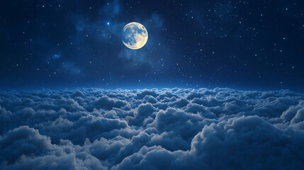 Wall Mural - serene night sky with a bright full moon glowing above thick clouds, casting a peaceful light over t