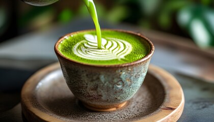 Vibrant green matcha tea pouring into a ceramic cup, showcasing intricate latte art against a warm, cozy backdrop