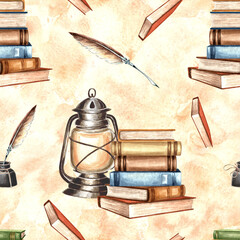 Books stack and Vintage lantern. Inkwell with feather on old paper. Seamless pattern. Hand drawn watercolor illustration. Writing supplies for education.Template for covers, wrapping, scrapbooking.