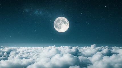 Wall Mural - serene night sky with a bright full moon glowing above thick clouds, casting a peaceful light over t