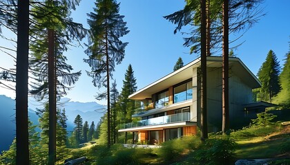 The tranquil mountain villa, surrounded by tall trees and the morning blue sky, shows the beautiful scene of harmonious coexistence of nature and people's livelihood.