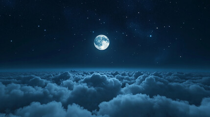 serene night sky with a bright full moon glowing above thick clouds, casting a peaceful light over t