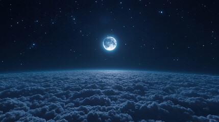 Wall Mural - serene night sky with a bright full moon glowing above thick clouds, casting a peaceful light over t