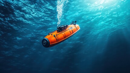 A submarine is in the water with a blue sky above it