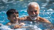 © Thavesak - Generational Bonding: Senior Turkish Man Teaching Grandson to Swim Outdoors for Longevity and Fitness