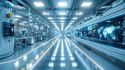 Poster - The chip intelligent equipment production line in the smart factory integrates some technological elements and technological screen. Generative AI.