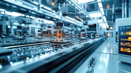 Poster - The chip intelligent equipment production line in the smart factory integrates some technological elements and technological screen. Generative AI.