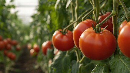 A field of ripe market-ready tomatoes (Solanum lycopersicum) growing on the vine