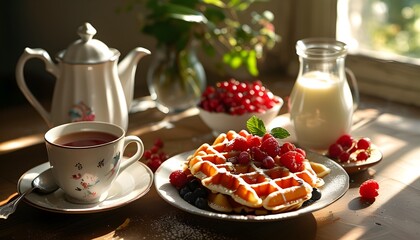 Canvas Print - Morning delight of Belgian waffles topped with whipped cream and fresh berries bathed in soft sunlight on a breakfast table