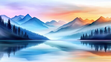 Sticker - A painting of a mountain range with water and trees, AI