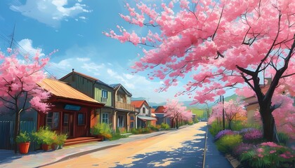 Wall Mural - Charming Spring Street Scene Adorned with Blooming Cherry Blossoms in a Quaint Town