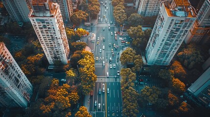 Aufkleber - Modern city, aerial view and communication network concept. Generative AI.