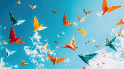 A flock of colorful origami paper birds flying against a blue sky with white clouds.