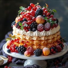 Poster - Wonderful autumn cake, vibrant colors, mouth watering, with whipped cream, and autumn fruits. Generative AI.