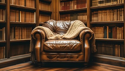 Wall Mural - Cozy Vintage Library Nook with Leather Armchair and Knitted Blanket Ideal for Relaxed Reading on a Rainy Day