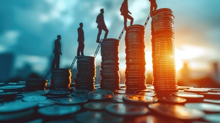 Poster - A corporate ladder competition, with business people climbing tall stacks of coins and graphs, representing ambition and career success. Generative AI.
