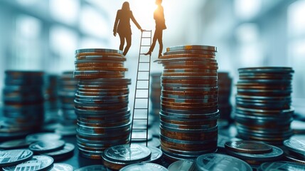 Poster - A corporate ladder competition, with business people climbing tall stacks of coins and graphs, representing ambition and career success. Generative AI.