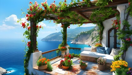 Wall Mural - Stunning Mediterranean Terrace Overflowing with Flowers and Vines Overlooking Breathtaking Coastal Cliffs and Vibrant Blue Sea