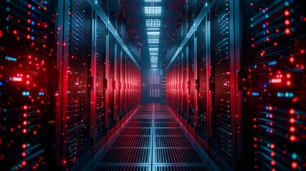 Wall Mural - A Modern Data Center with Rows of Servers and Red and Blue Lights