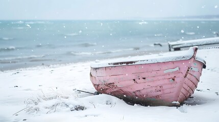 Canvas Print - Old pink metal boat on the sand beside the beach during a snowfall