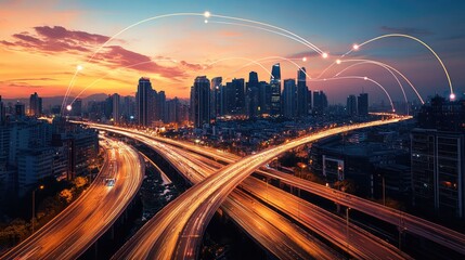 Wall Mural - A panoramic view of a modern cityscape at sunset with glowing lines connecting buildings, representing the flow of data and information.