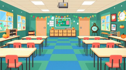 Classroom with colorful banners, pumpkins, and vibrant fall decor surrounding a green chalkboard. Bright learning space designed for a fun and creative educational experience with autumn elements...