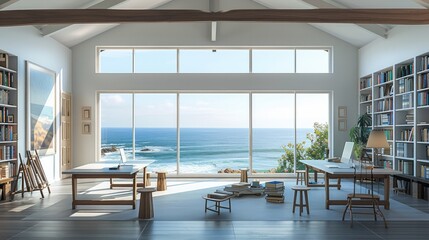 Sticker - Elegant simple home art studio and library, natural lighting, large windows, view to the ocean. Generative AI.