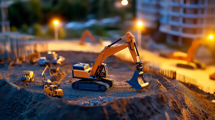 Detailed Construction Site Plan with Tilt Shift Photography and Warm Sunlight Highlighting