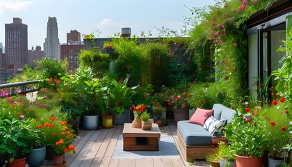 Wall Mural - Urban Oasis: Tranquil Rooftop Terrace Garden Filled with Vibrant Flora